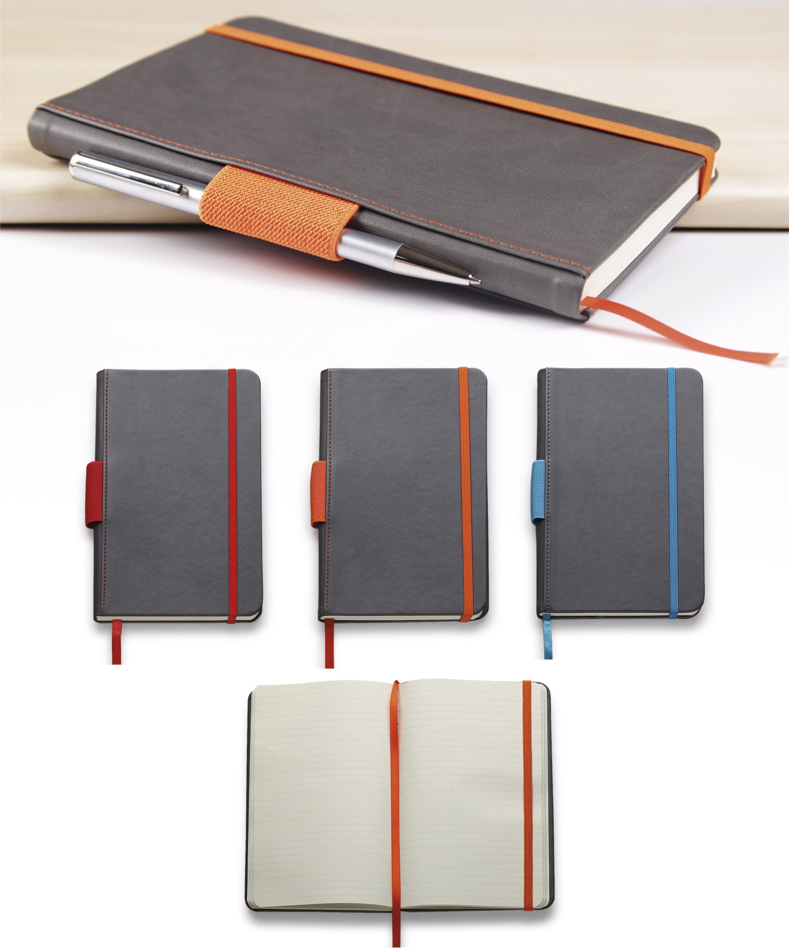 Block Notes grigio con elastico e porta penna colorati 13.5 x 21 cm